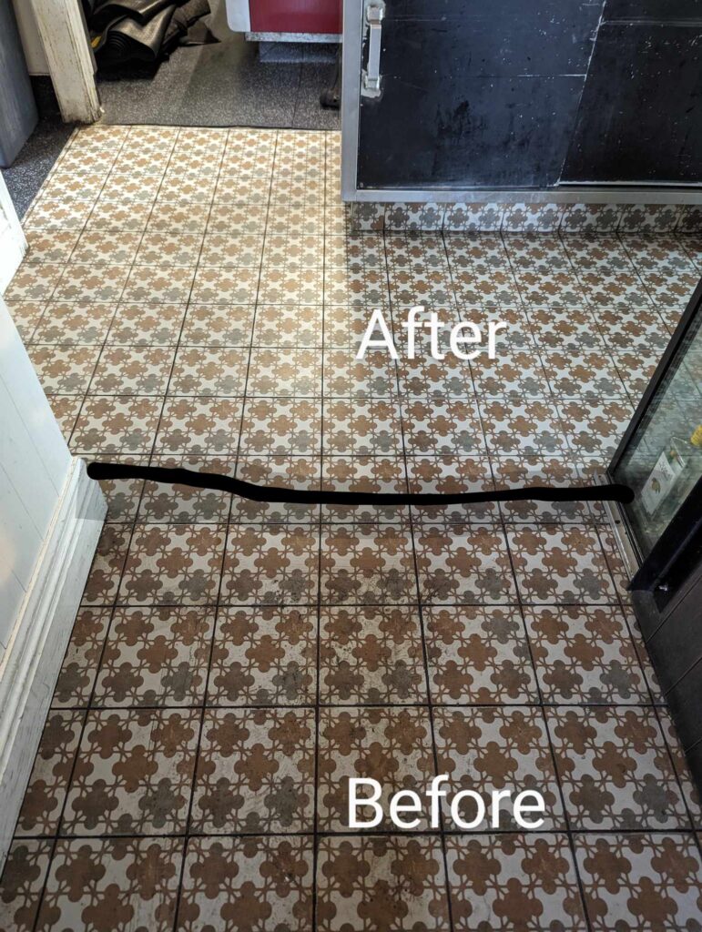 Before and after of a tile floor clean