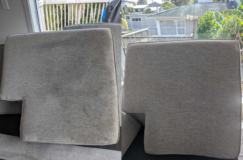 Before and after of cleaning a couch cushion